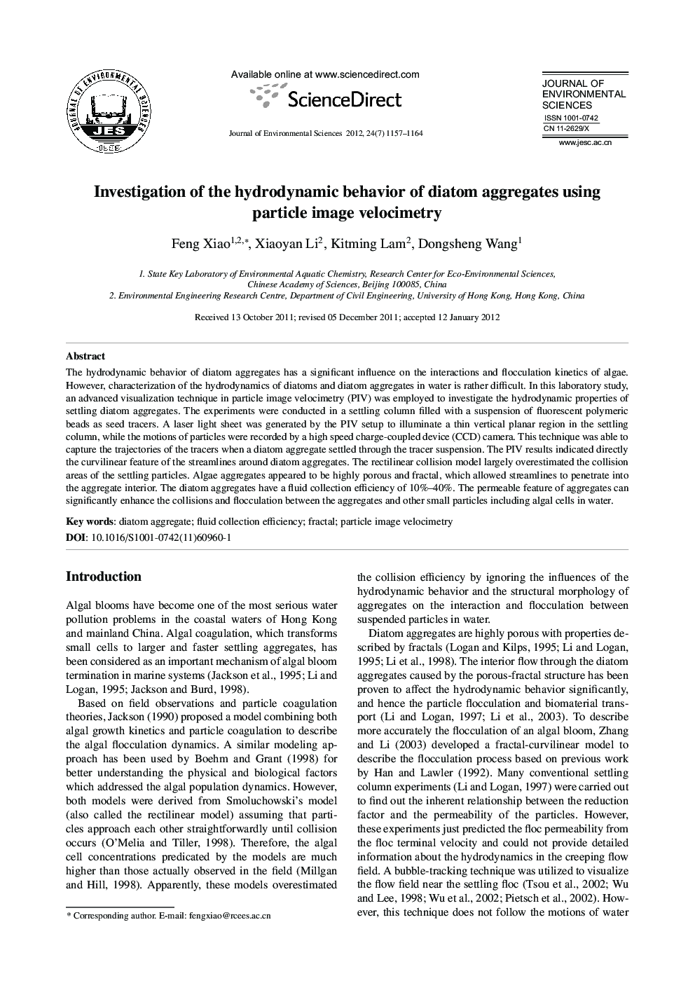 Investigation of the hydrodynamic behavior of diatom aggregates using particle image velocimetry