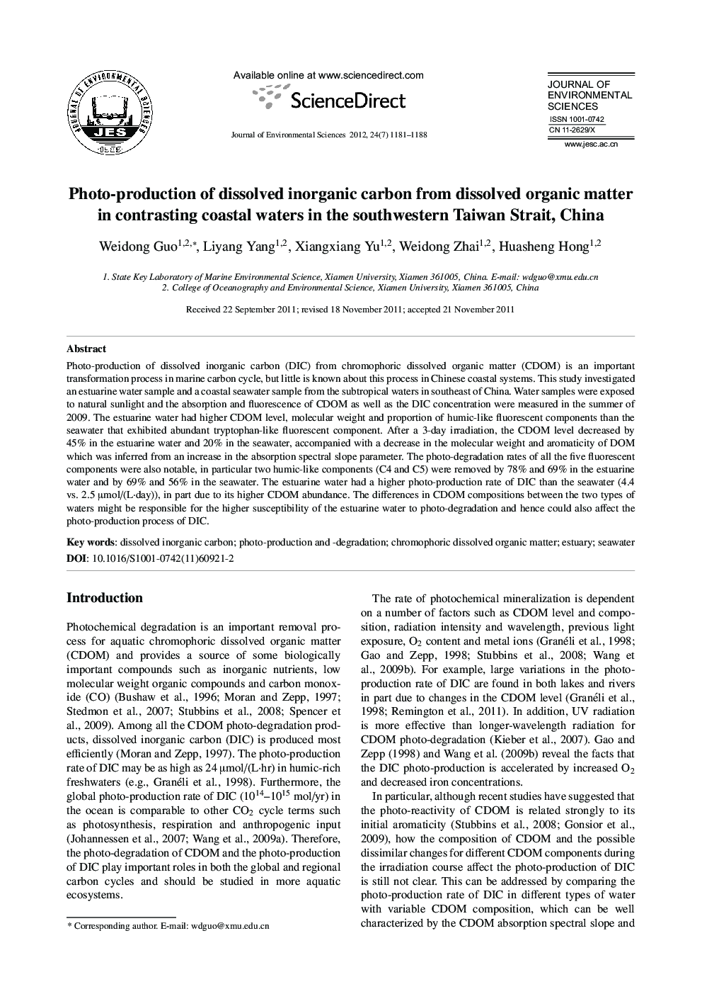 Photo-production of dissolved inorganic carbon from dissolved organic matter in contrasting coastal waters in the southwestern Taiwan Strait, China