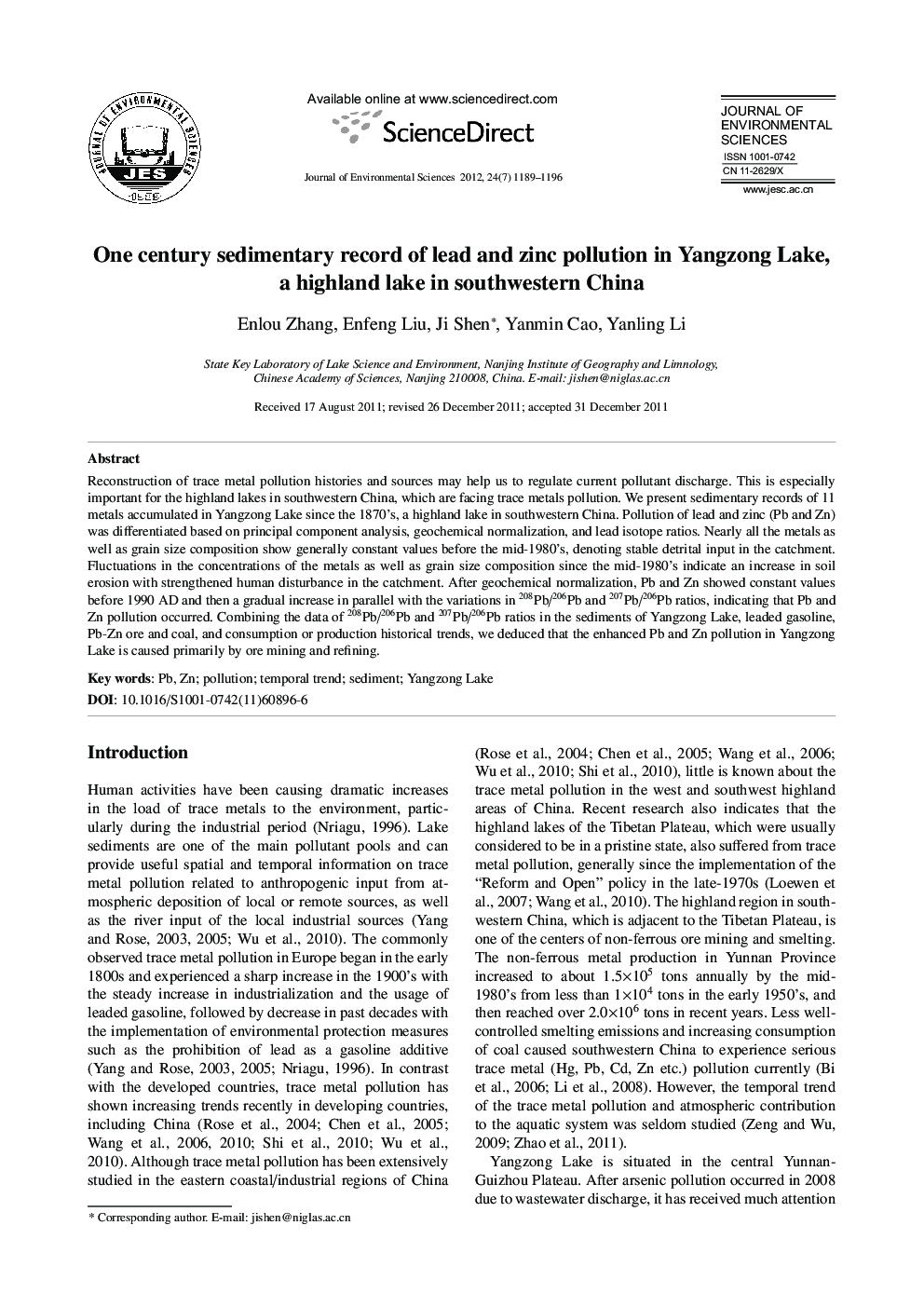 عکس صفحه اول مقاله: One century sedimentary record of lead and zinc pollution in Yangzong Lake, a highland lake in southwestern China One century sedimentary record of lead and zinc pollution in Yangzong Lake, a highland lake in southwestern China
