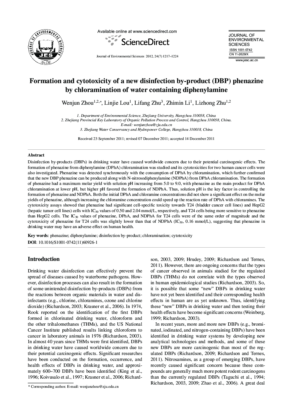 Formation and cytotoxicity of a new disinfection by-product (DBP) phenazine by chloramination of water containing diphenylamine