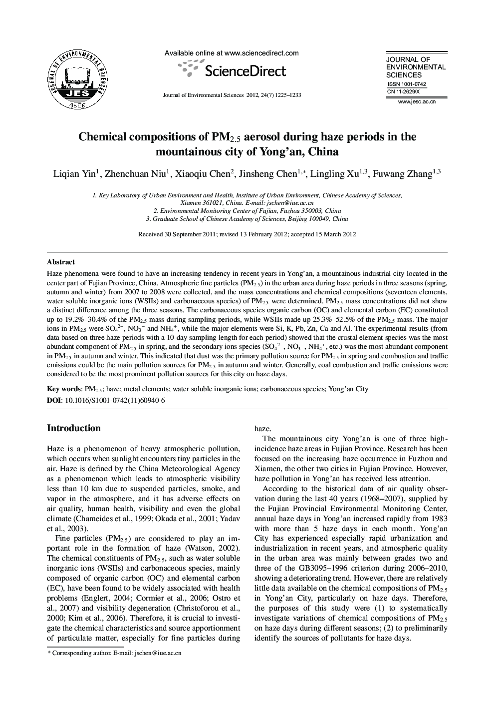 Chemical compositions of PM2.5 aerosol during haze periods in the mountainous city of Yong'an, China