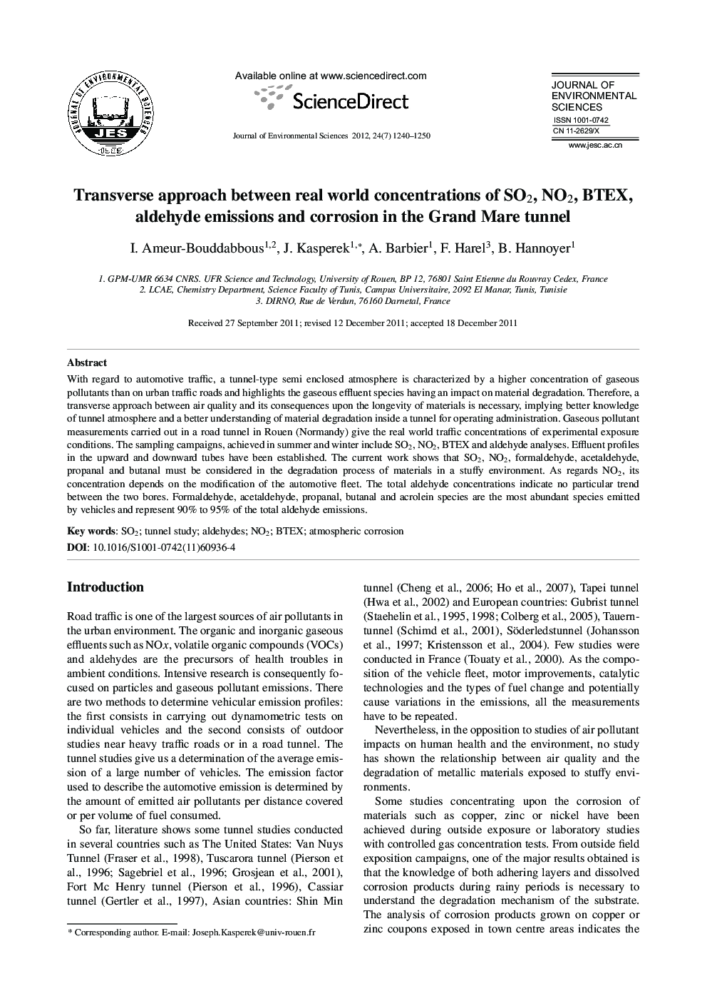 Transverse approach between real world concentrations of SO2, NO2, BTEX, aldehyde emissions and corrosion in the Grand Mare tunnel