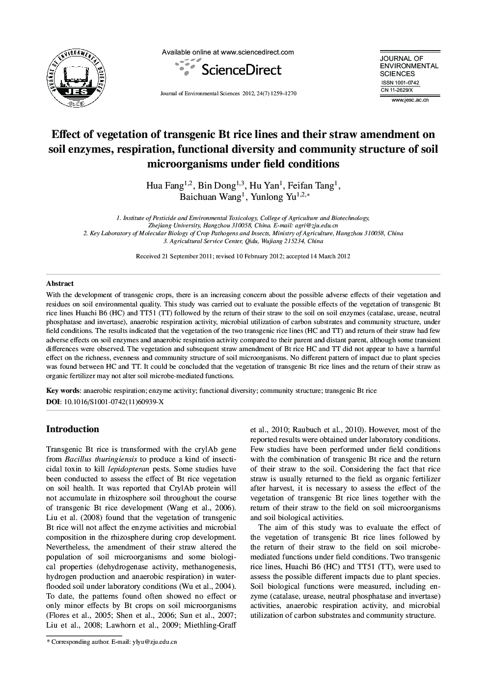 Effect of vegetation of transgenic Bt rice lines and their straw amendment on soil enzymes, respiration, functional diversity and community structure of soil microorganisms under field conditions