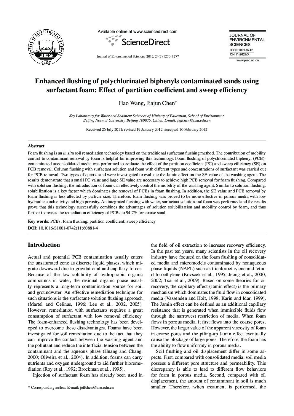 Enhanced flushing of polychlorinated biphenyls contaminated sands using surfactant foam: Effect of partition coefficient and sweep efficiency