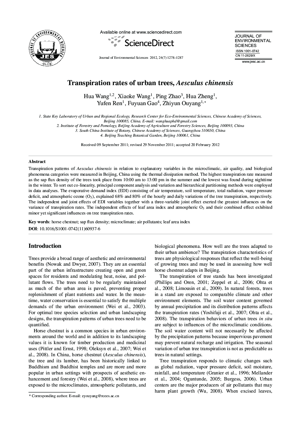 Transpiration rates of urban trees, Aesculus chinensis