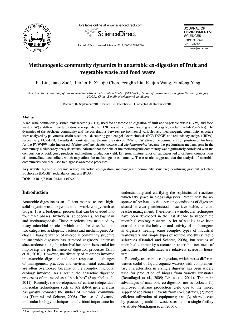 عکس صفحه اول مقاله: Methanogenic community dynamics in anaerobic co-digestion of fruit and vegetable waste and food waste Methanogenic community dynamics in anaerobic co-digestion of fruit and vegetable waste and food waste