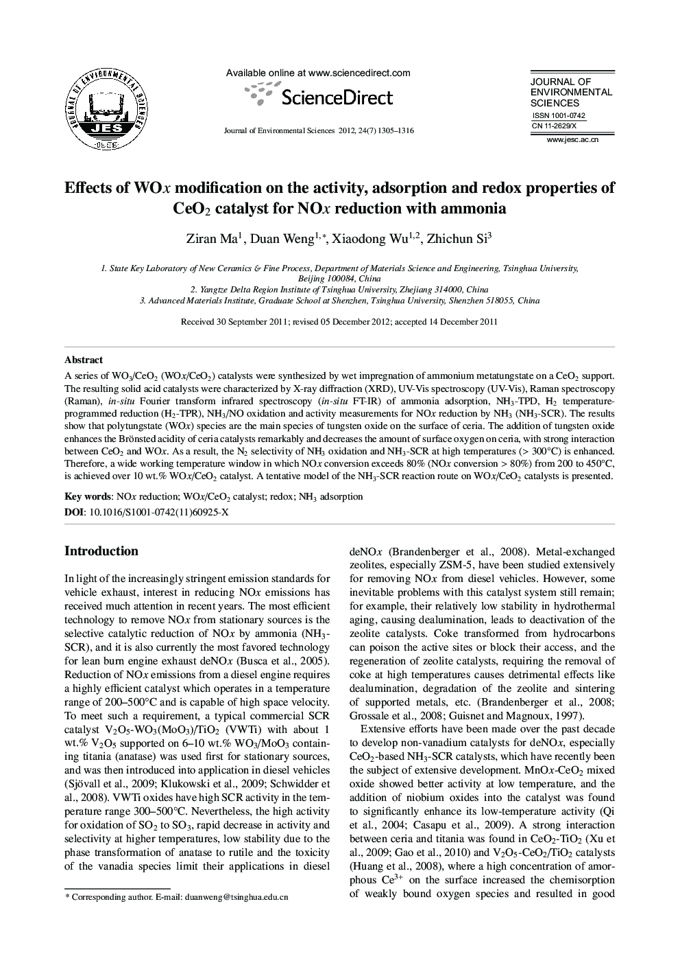 Effects of WOx modification on the activity, adsorption and redox properties of CeO2 catalyst for NOx reduction with ammonia