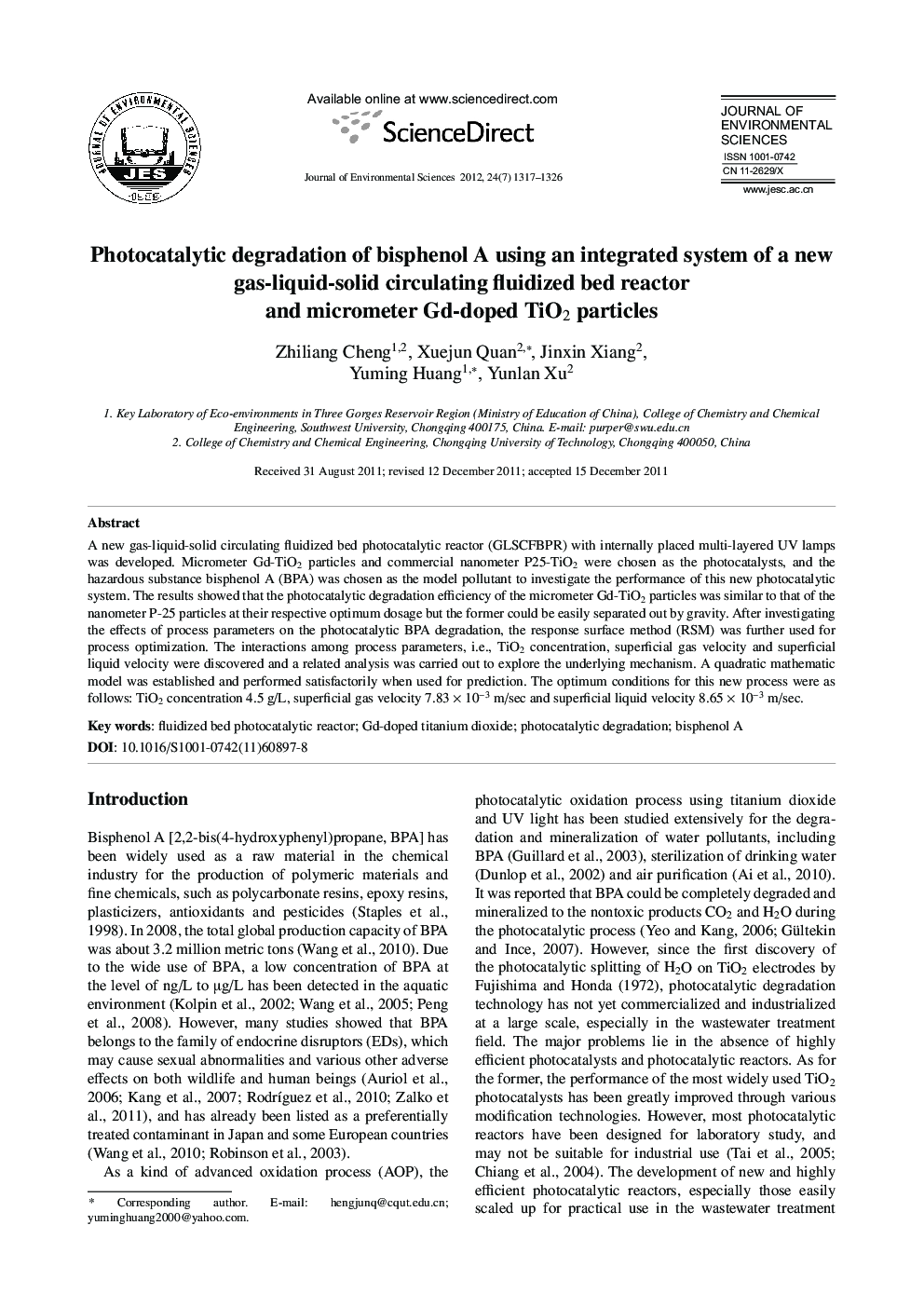 Photocatalytic degradation of bisphenol A using an integrated system of a new gas-liquid-solid circulating fluidized bed reactor and micrometer Gd-doped TiO2 particles