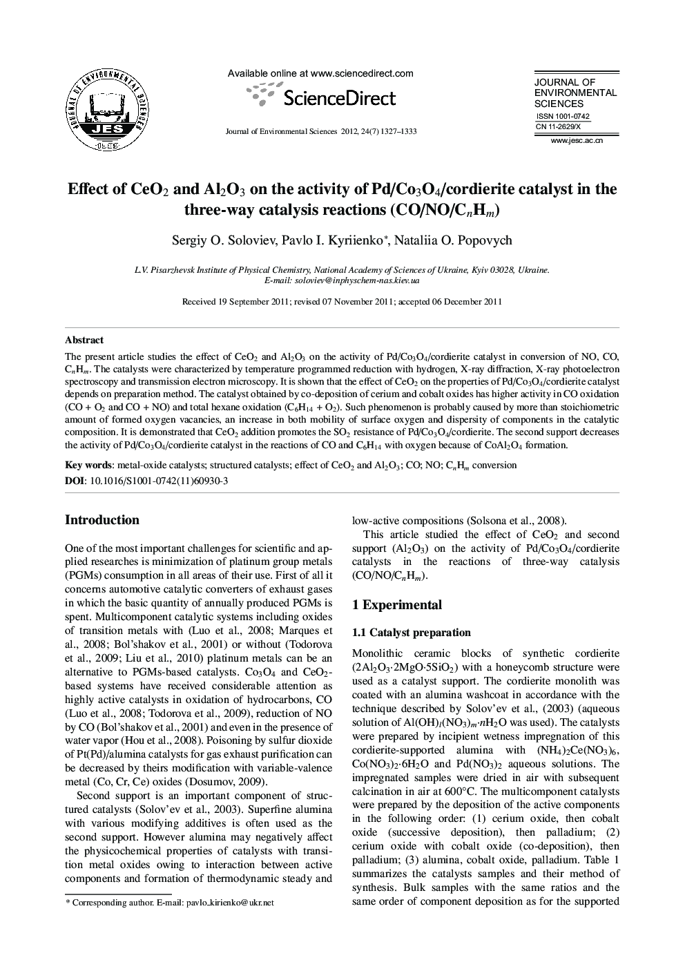 Effect of CeO2 and Al2O3 on the activity of Pd/Co3O4/cordierite catalyst in the three-way catalysis reactions (CO/NO/CnHm)