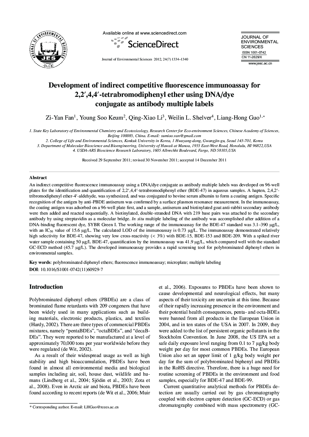 عکس صفحه اول مقاله: Development of indirect competitive fluorescence immunoassay for 2,2′,4,4′-tetrabromodiphenyl ether using DNA/dye conjugate as antibody multiple labels Development of indirect competitive fluorescence immunoassay for 2,2′,4,4′-tetrabromodiphenyl ether using DNA/dye conjugate as antibody multiple labels