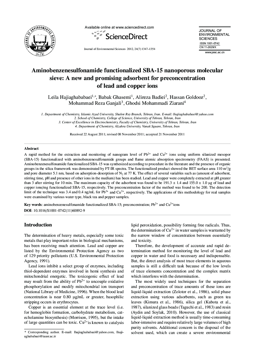Aminobenzenesulfonamide functionalized SBA-15 nanoporous molecular sieve: A new and promising adsorbent for preconcentration of lead and copper ions