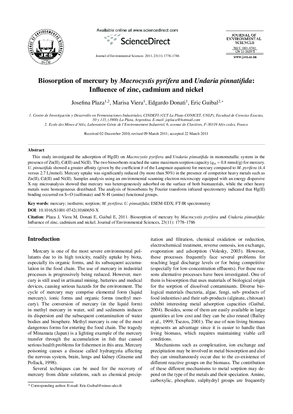 Biosorption of mercury by Macrocystis pyrifera and Undaria pinnatifida: Influence of zinc, cadmium and nickel