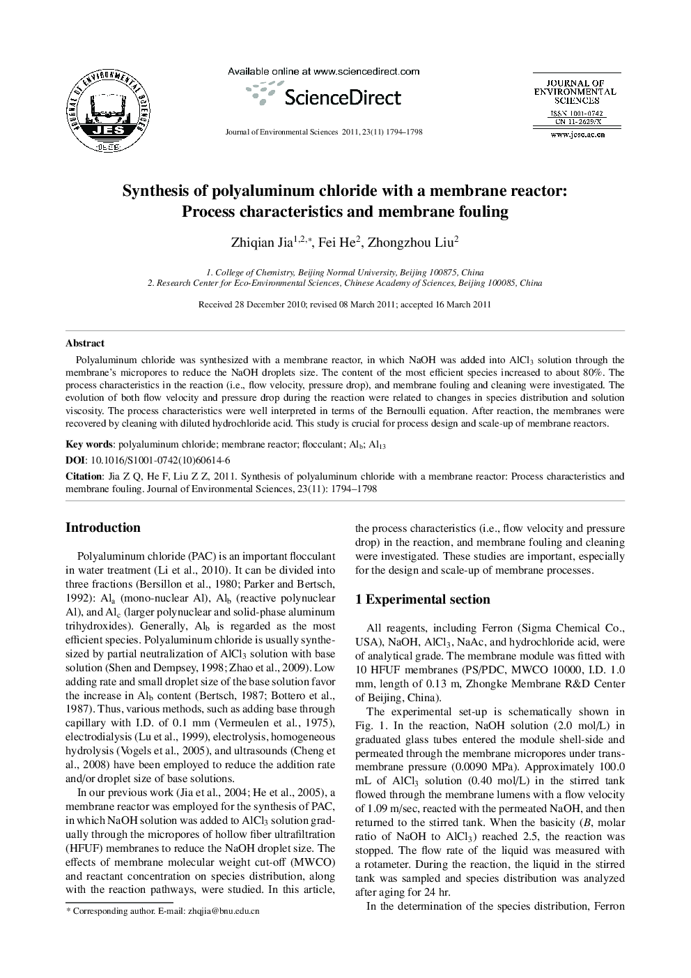 Synthesis of polyaluminum chloride with a membrane reactor: Process characteristics and membrane fouling