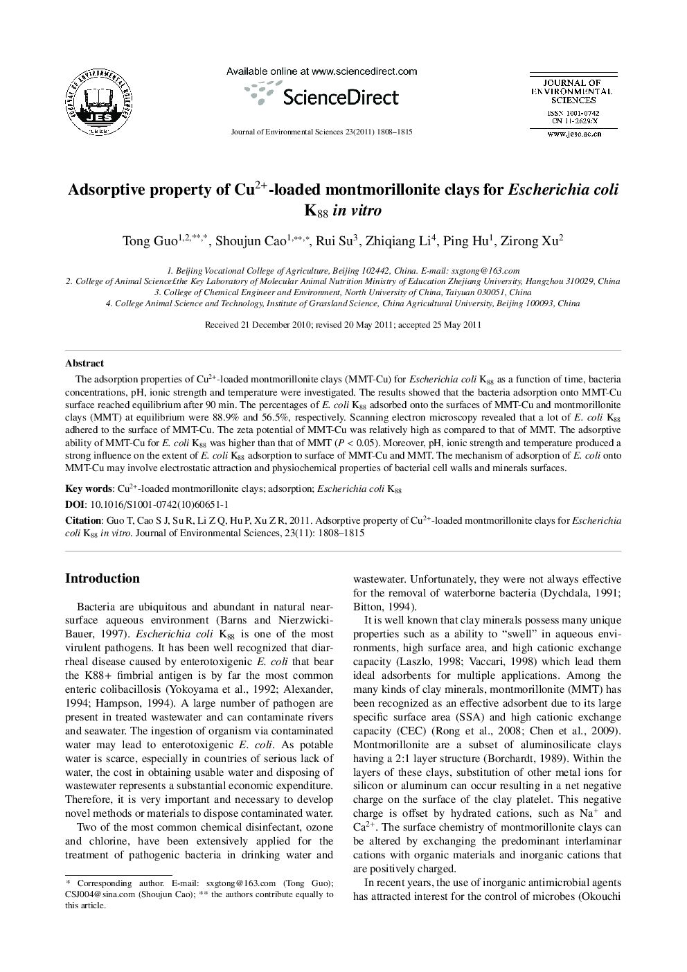 Adsorptive property of Cu2+-loaded montmorillonite clays for Escherichia coli K88in vitro