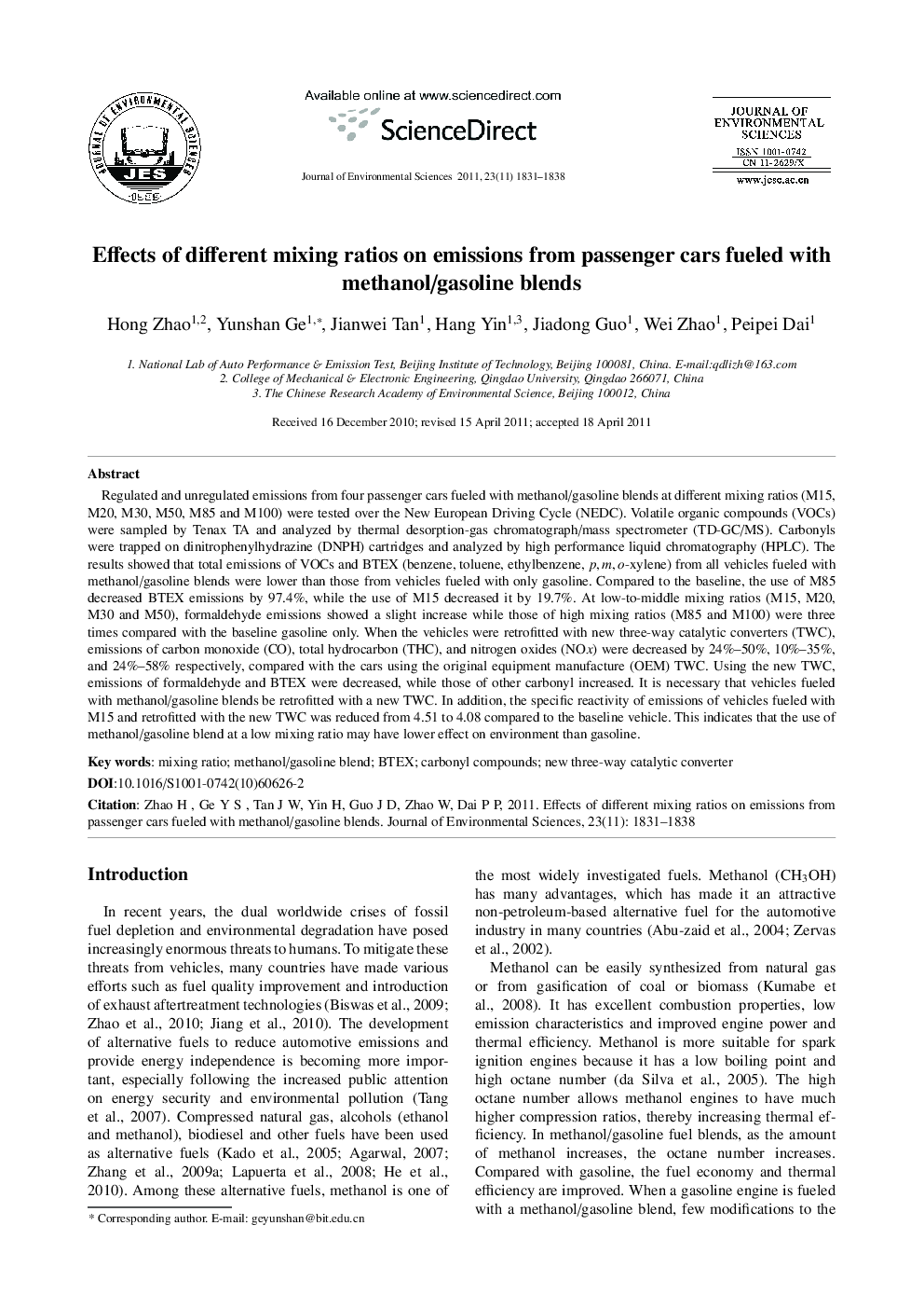 Effects of different mixing ratios on emissions from passenger cars fueled with methanol/gasoline blends