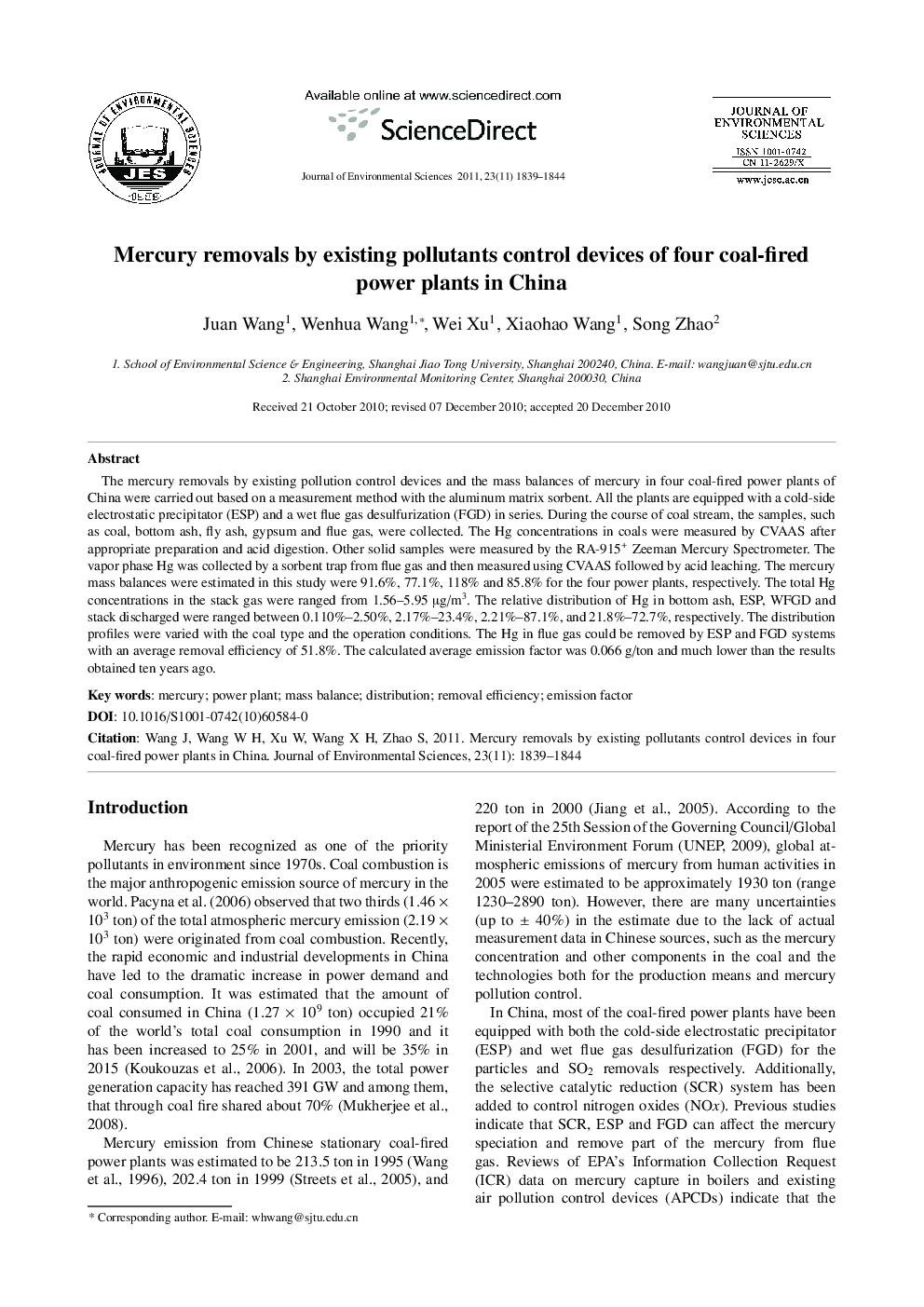 Mercury removals by existing pollutants control devices of four coal-fired power plants in China