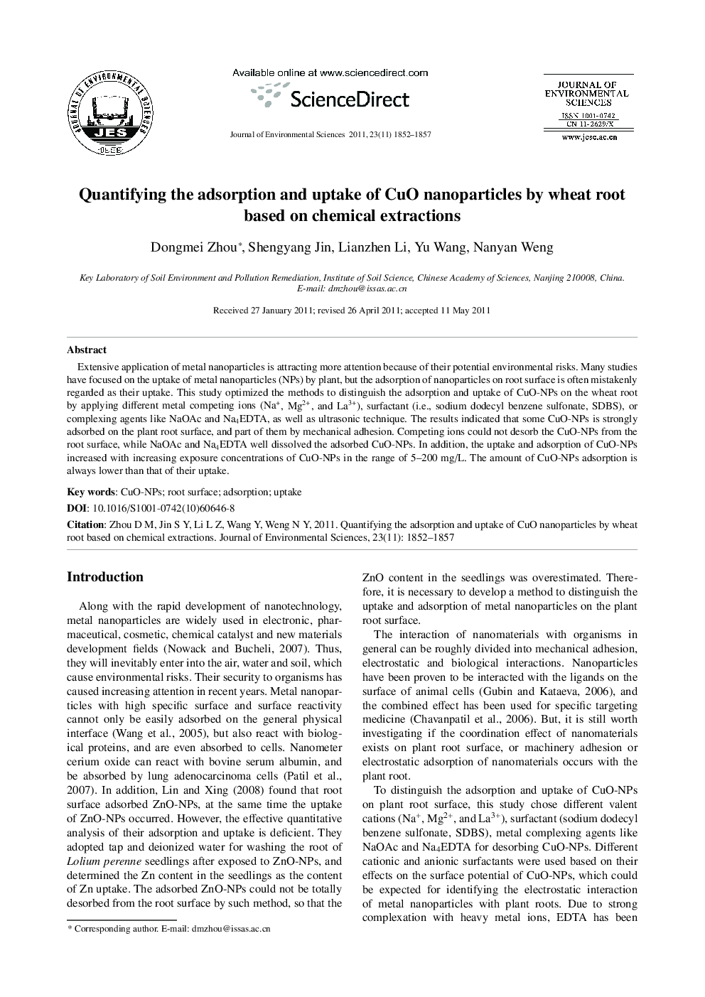 Quantifying the adsorption and uptake of CuO nanoparticles by wheat root based on chemical extractions