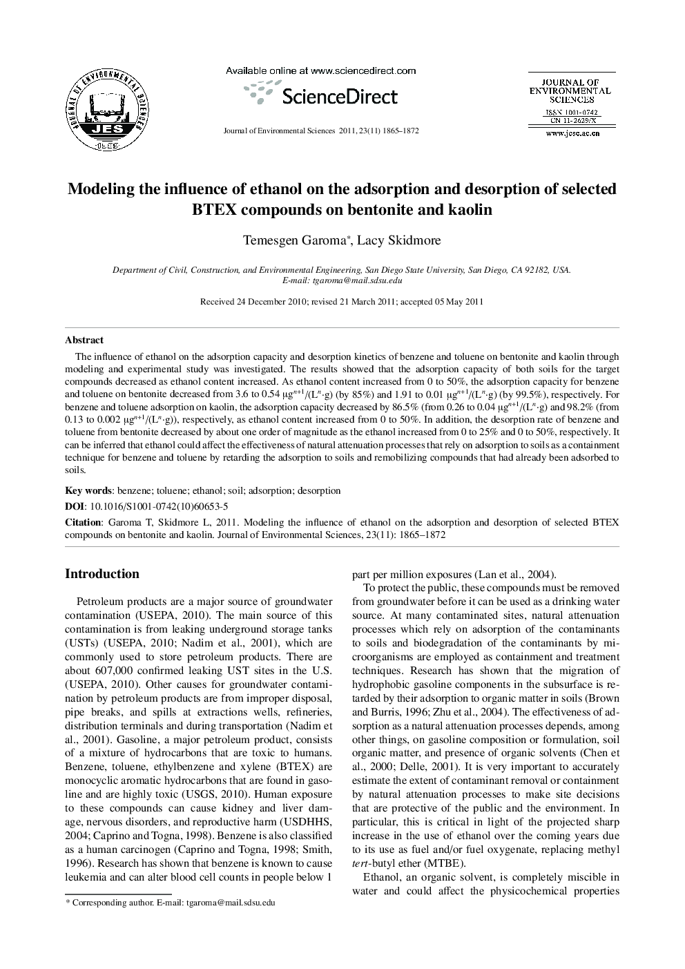 Modeling the influence of ethanol on the adsorption and desorption of selected BTEX compounds on bentonite and kaolin
