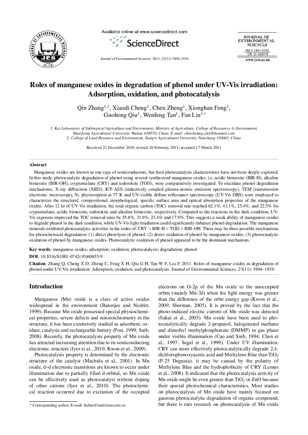 Roles of manganese oxides in degradation of phenol under UV-Vis irradiation: Adsorption, oxidation, and photocatalysis