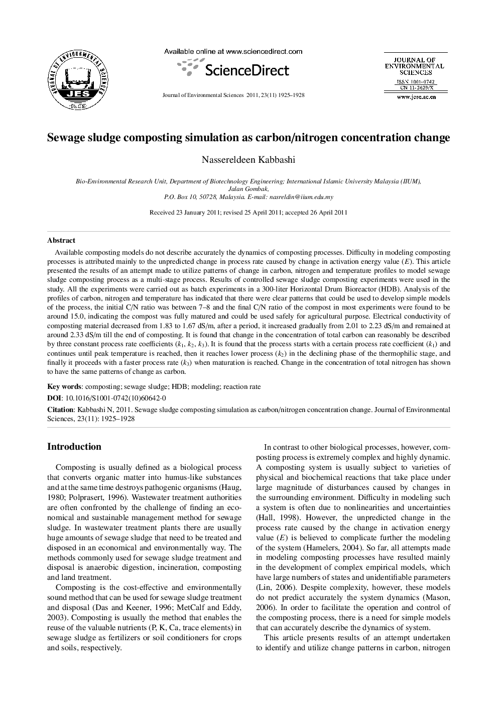 Sewage sludge composting simulation as carbon/nitrogen concentration change