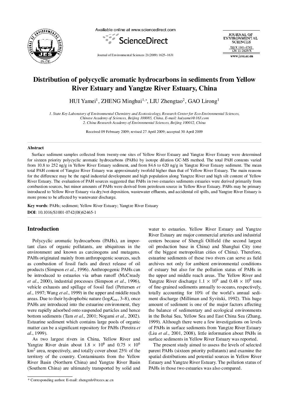 Distribution of polycyclic aromatic hydrocarbons in sediments from Yellow River Estuary and Yangtze River Estuary, China