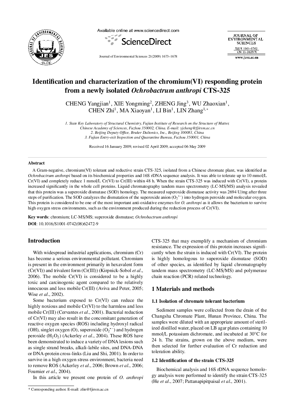 Identification and characterization of the chromium(VI) responding protein from a newly isolated Ochrobactrum anthropi CTS-325