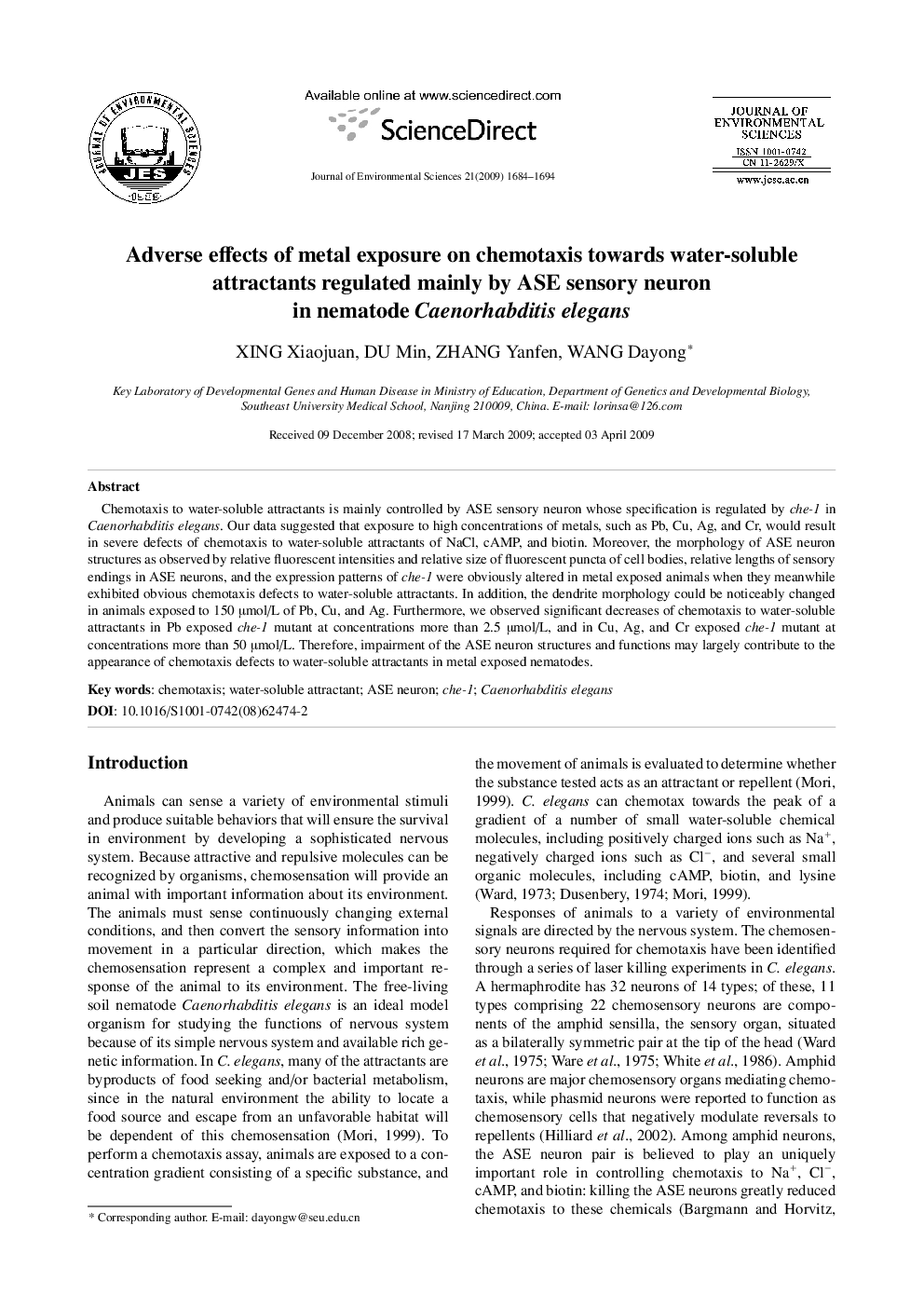 Adverse effects of metal exposure on chemotaxis towards water-soluble attractants regulated mainly by ASE sensory neuron in nematode Caenorhabditis elegans