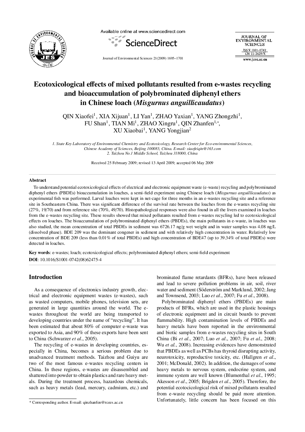 Ecotoxicological effects of mixed pollutants resulted from e-wastes recycling and bioaccumulation of polybrominated diphenyl ethers in Chinese loach (Misgurnus anguillicaudatus)