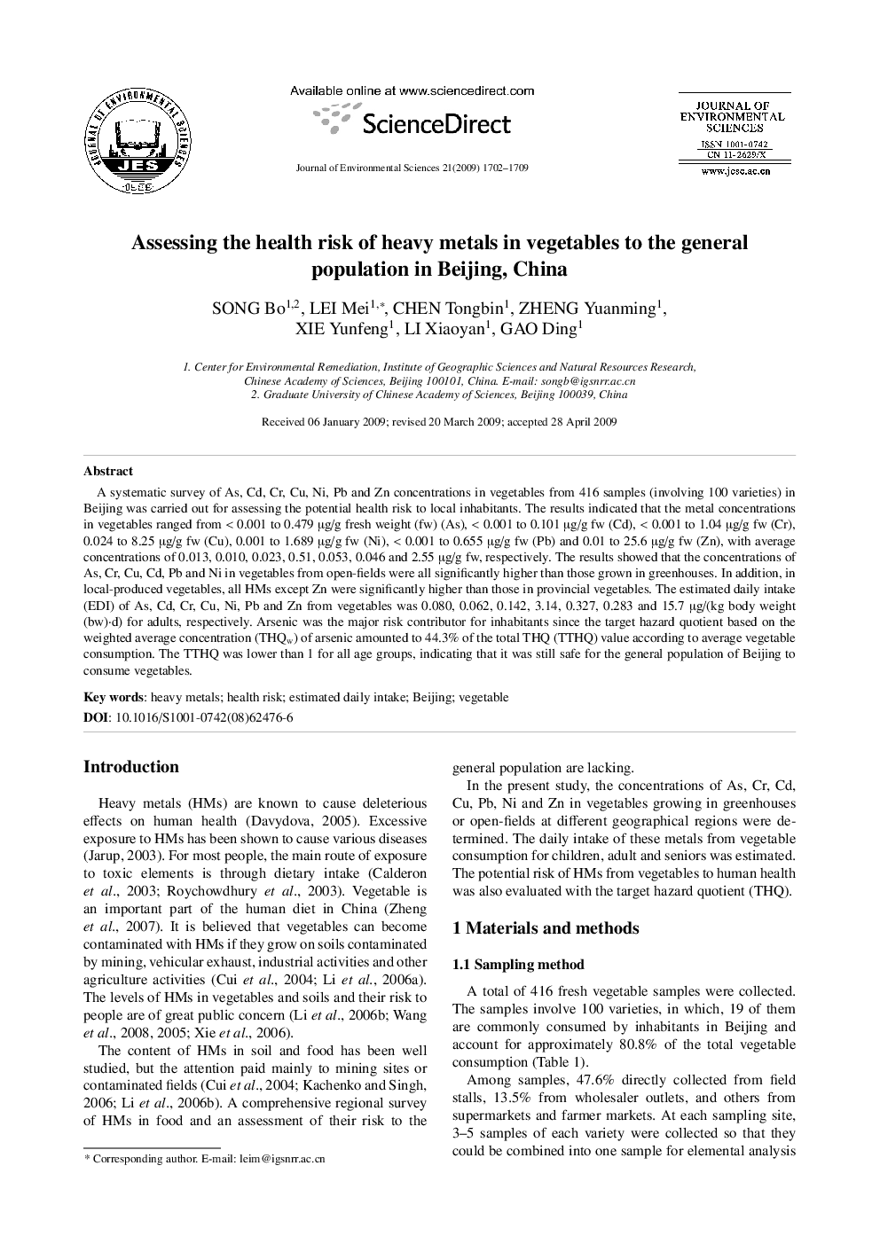 Assessing the health risk of heavy metals in vegetables to the general population in Beijing, China