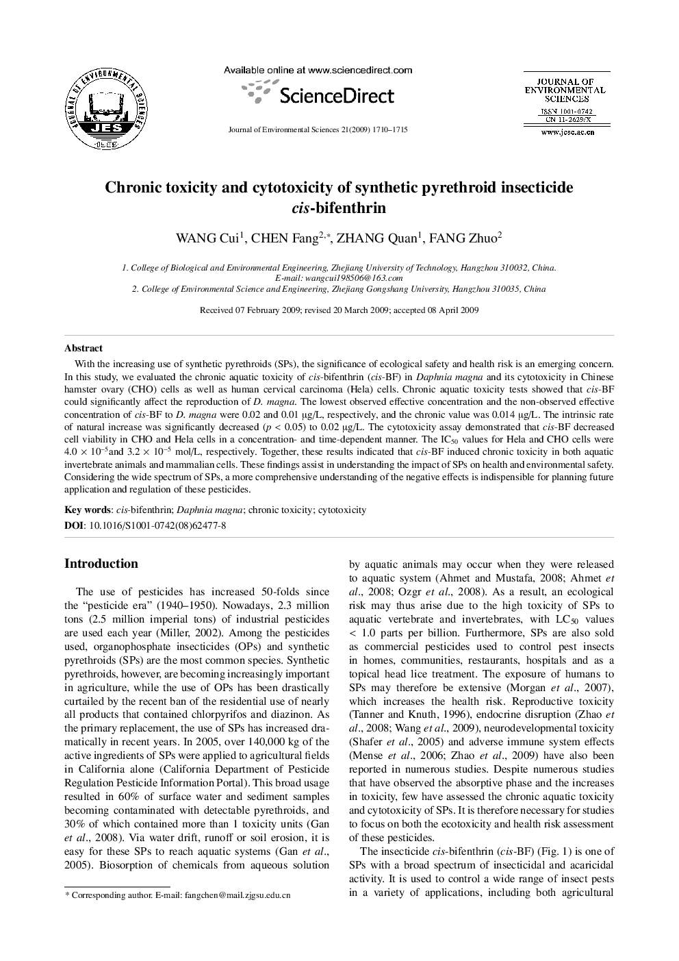 Chronic toxicity and cytotoxicity of synthetic pyrethroid insecticide cis-bifenthrin