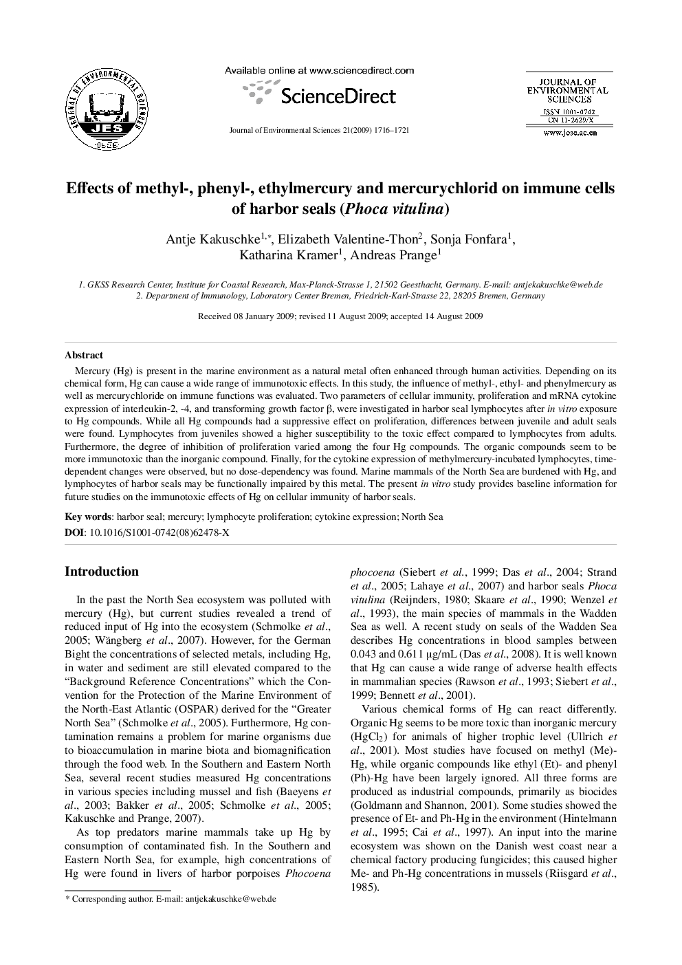 Effects of methyl-, phenyl-, ethylmercury and mercurychlorid on immune cells of harbor seals (Phoca vitulina)