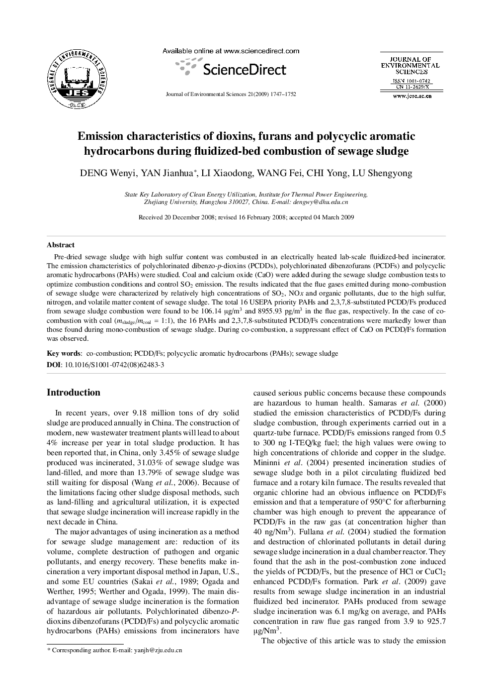Emission characteristics of dioxins, furans and polycyclic aromatic hydrocarbons during fluidized-bed combustion of sewage sludge