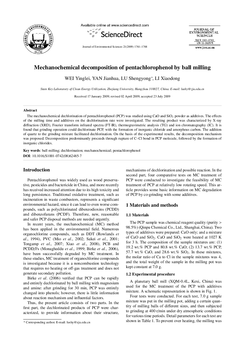 Mechanochemical decomposition of pentachlorophenol by ball milling