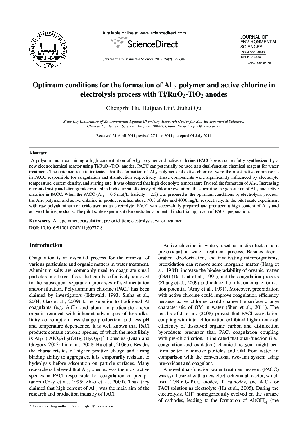 Optimum conditions for the formation of Al13 polymer and active chlorine in electrolysis process with Ti/RuO2-TiO2 anodes