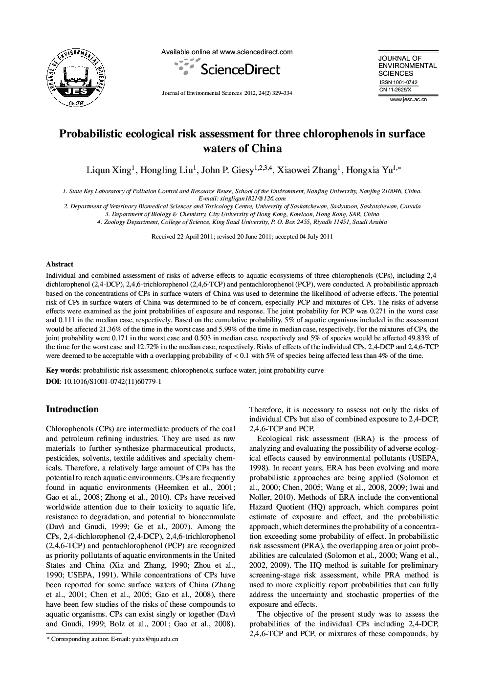 Probabilistic ecological risk assessment for three chlorophenols in surface waters of China