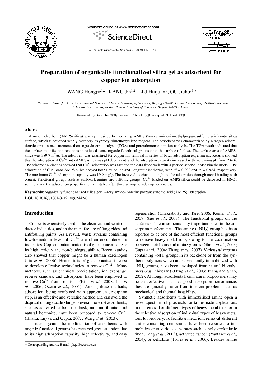 Preparation of organically functionalized silica gel as adsorbent for copper ion adsorption