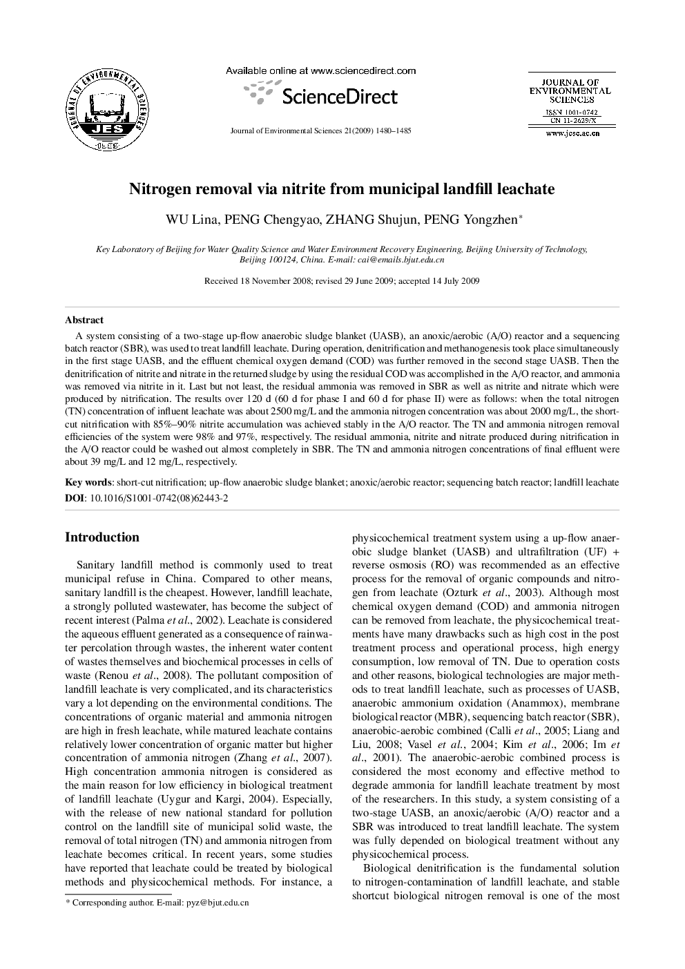 Nitrogen removal via nitrite from municipal landfill leachate