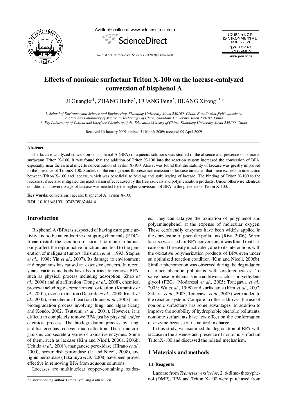 Effects of nonionic surfactant Triton X-100 on the laccase-catalyzed conversion of bisphenol A