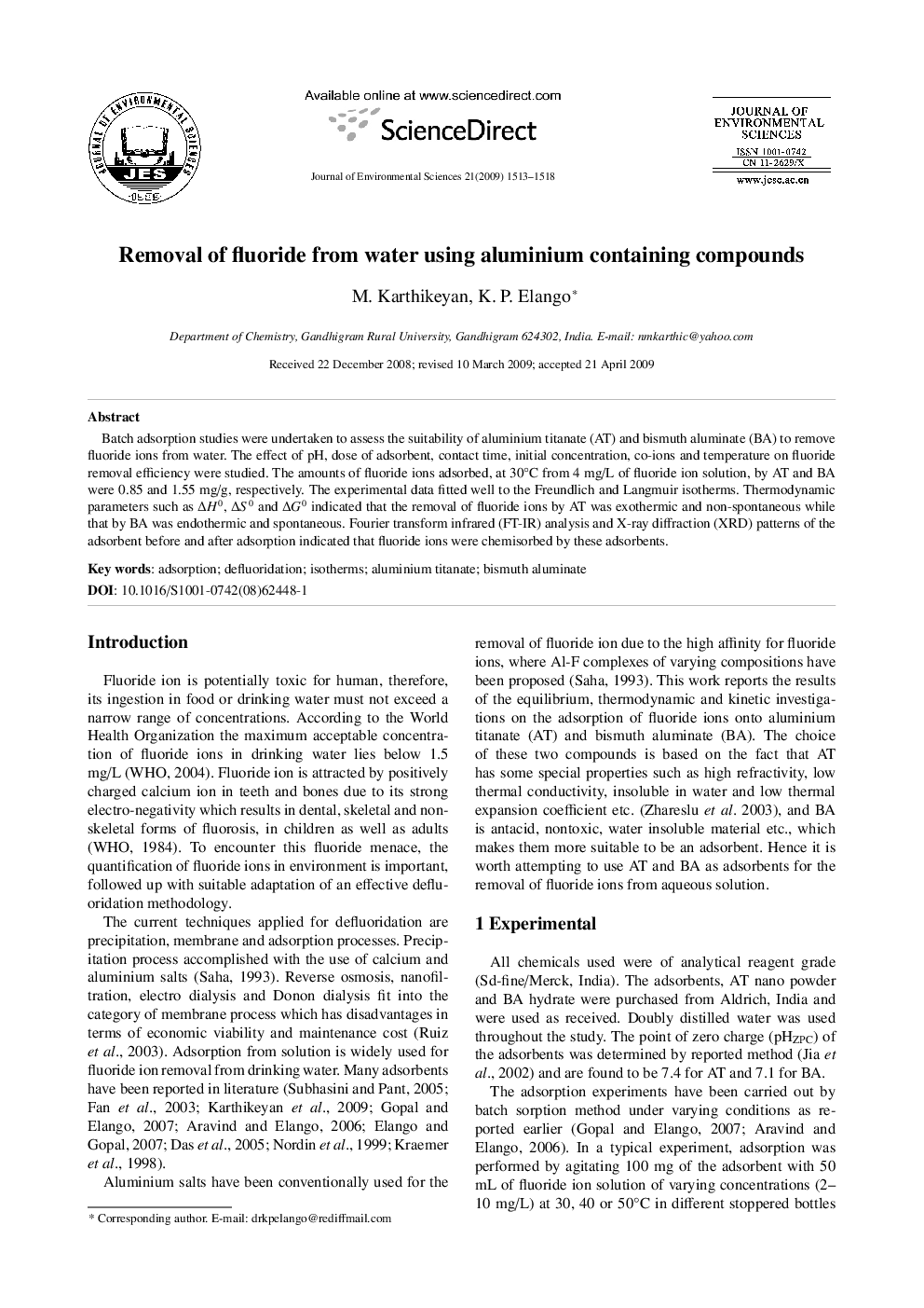 Removal of fluoride from water using aluminium containing compounds