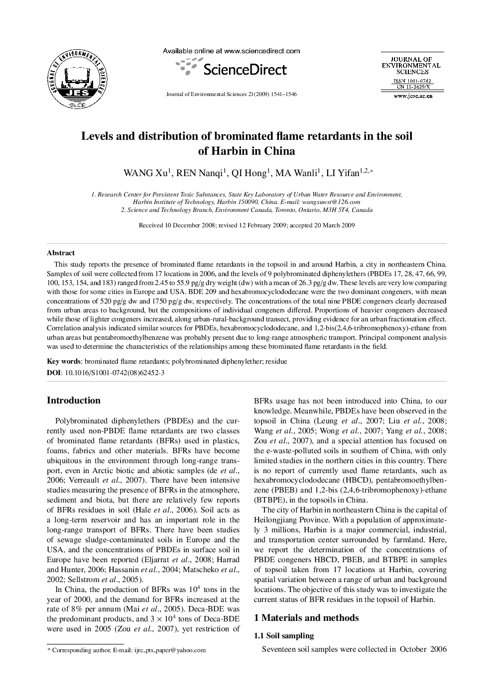 Levels and distribution of brominated flame retardants in the soil of Harbin in China