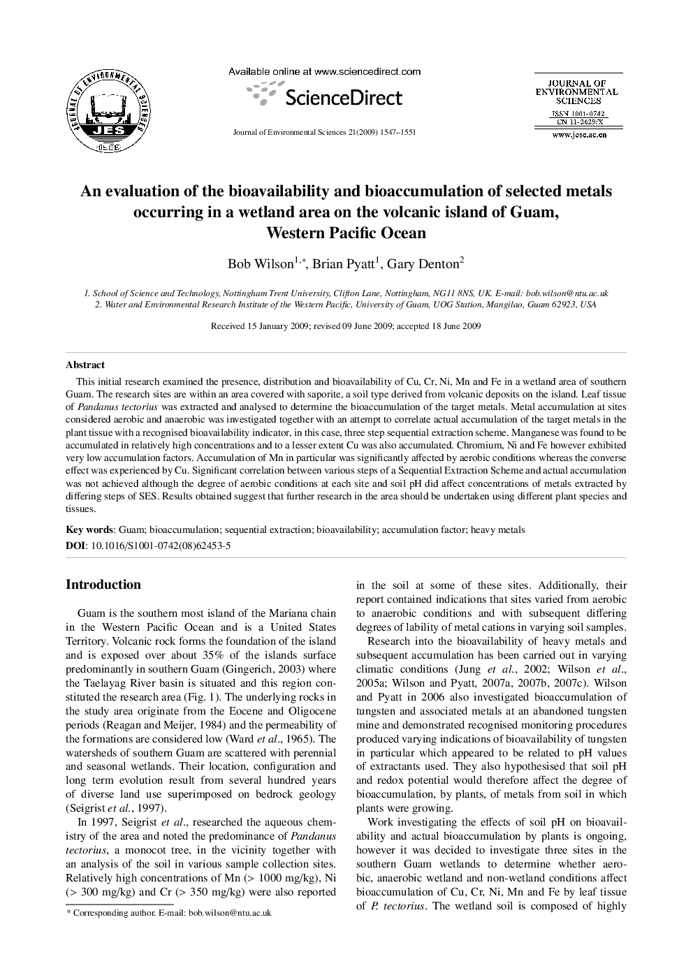 An evaluation of the bioavailability and bioaccumulation of selected metals occurring in a wetland area on the volcanic island of Guam, Western Pacific Ocean