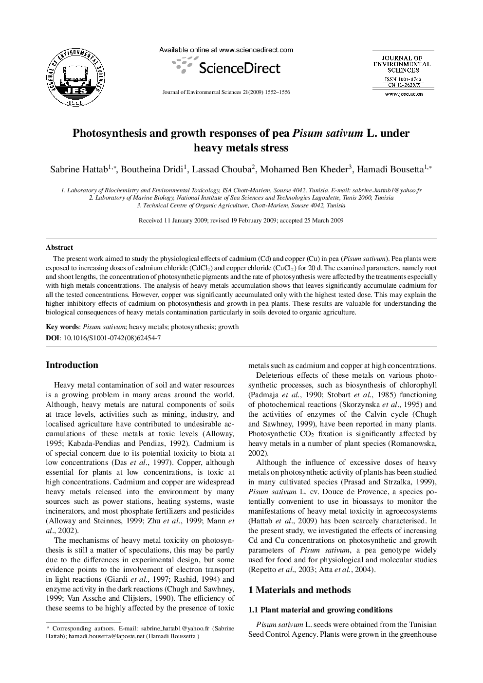 Photosynthesis and growth responses of pea Pisum sativum L. under heavy metals stress