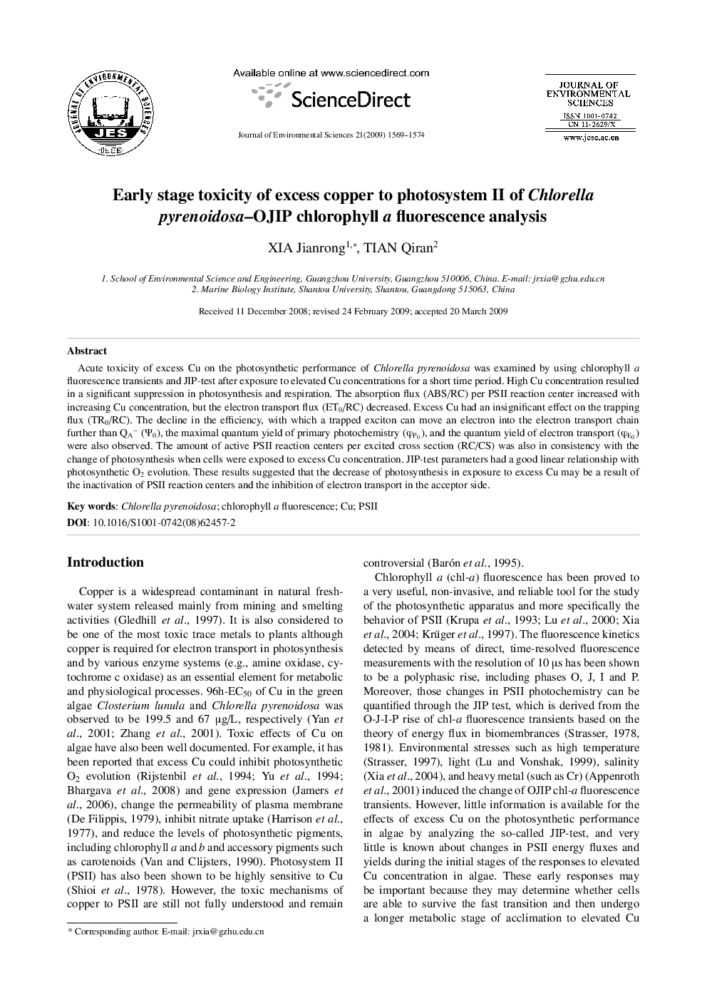 Early stage toxicity of excess copper to photosystem II of Chlorella pyrenoidosa–OJIP chlorophyll a fluorescence analysis
