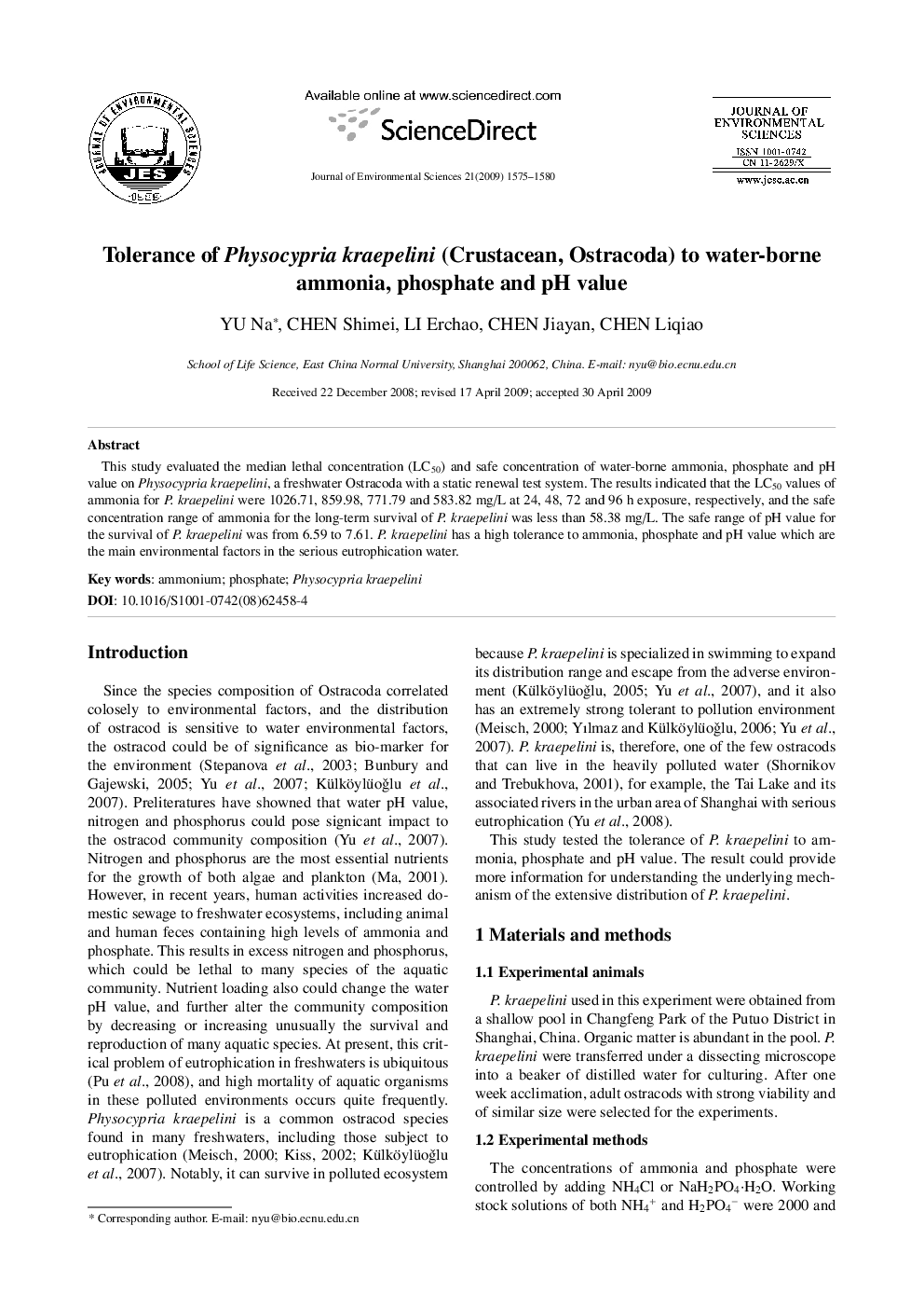 Tolerance of Physocypria kraepelini (Crustacean, Ostracoda) to water-borne ammonia, phosphate and pH value