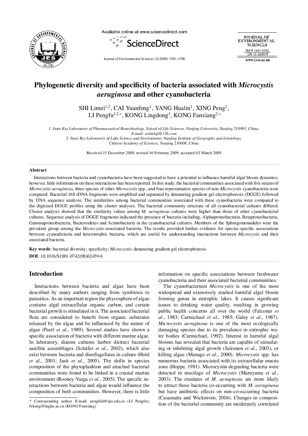 Phylogenetic diversity and specificity of bacteria associated with Microcystis aeruginosa and other cyanobacteria