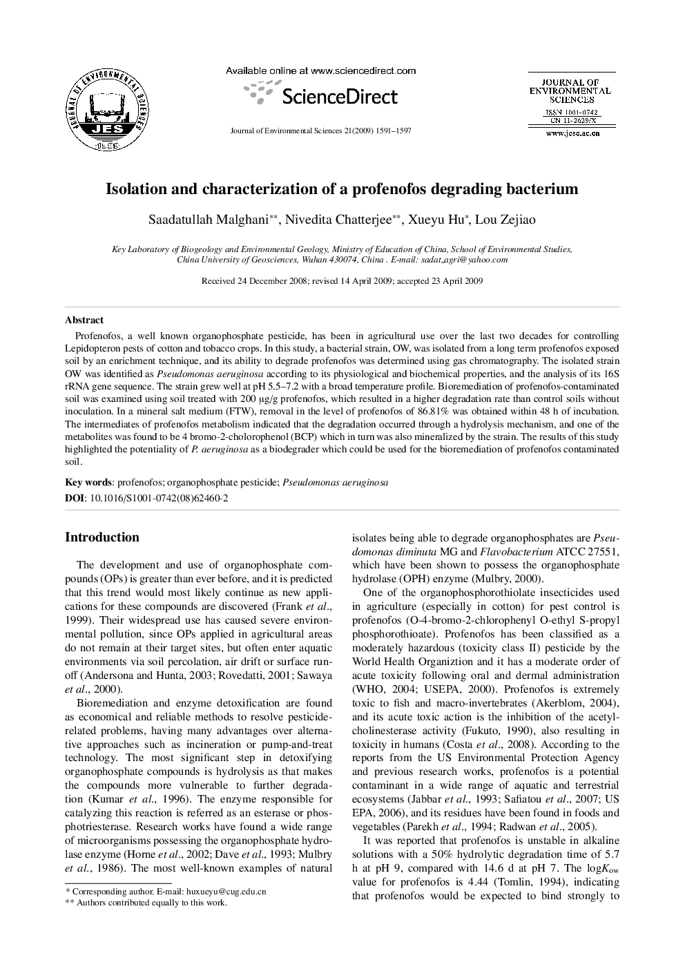 Isolation and characterization of a profenofos degrading bacterium