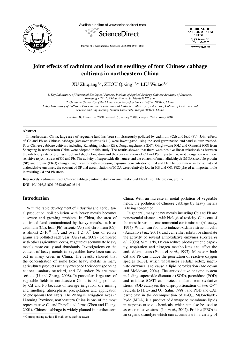 عکس صفحه اول مقاله: Joint effects of cadmium and lead on seedlings of four Chinese cabbage cultivars in northeastern China Joint effects of cadmium and lead on seedlings of four Chinese cabbage cultivars in northeastern China
