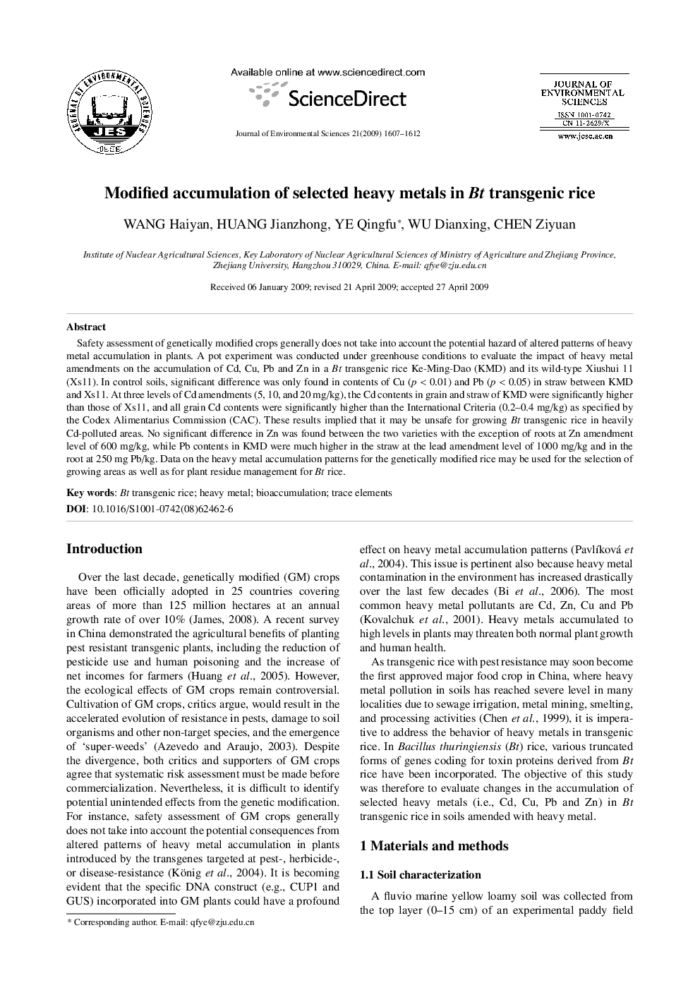 Modified accumulation of selected heavy metals in Bt transgenic rice