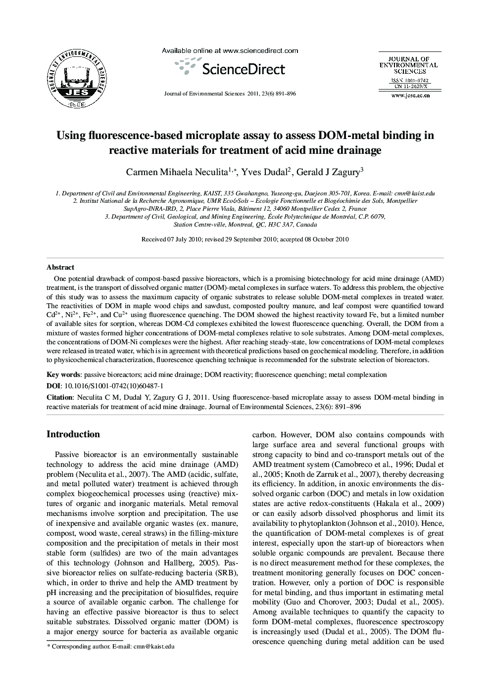 Using fluorescence-based microplate assay to assess DOM-metal binding in reactive materials for treatment of acid mine drainage