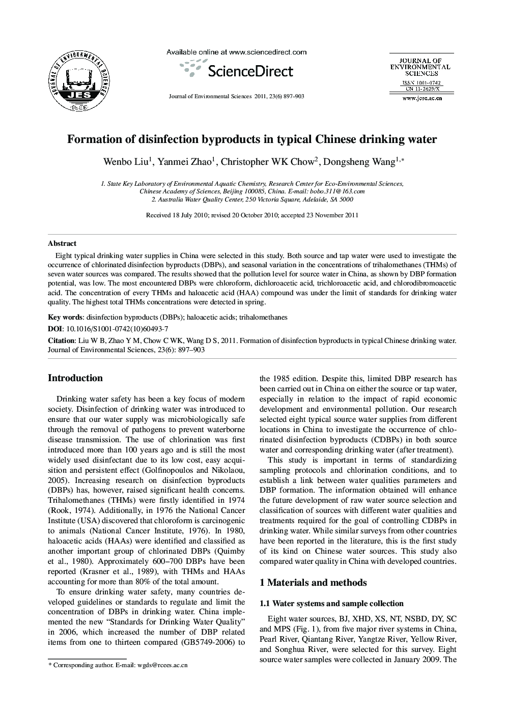 Formation of disinfection byproducts in typical Chinese drinking water
